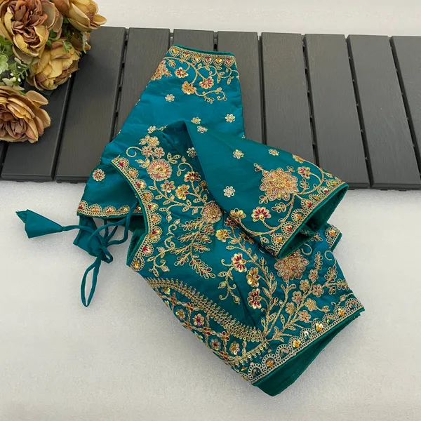 Green_Mullti_Sequence_Floral_Self_Design_Embroidery_Work_Free_Size_Stitched_Blouse