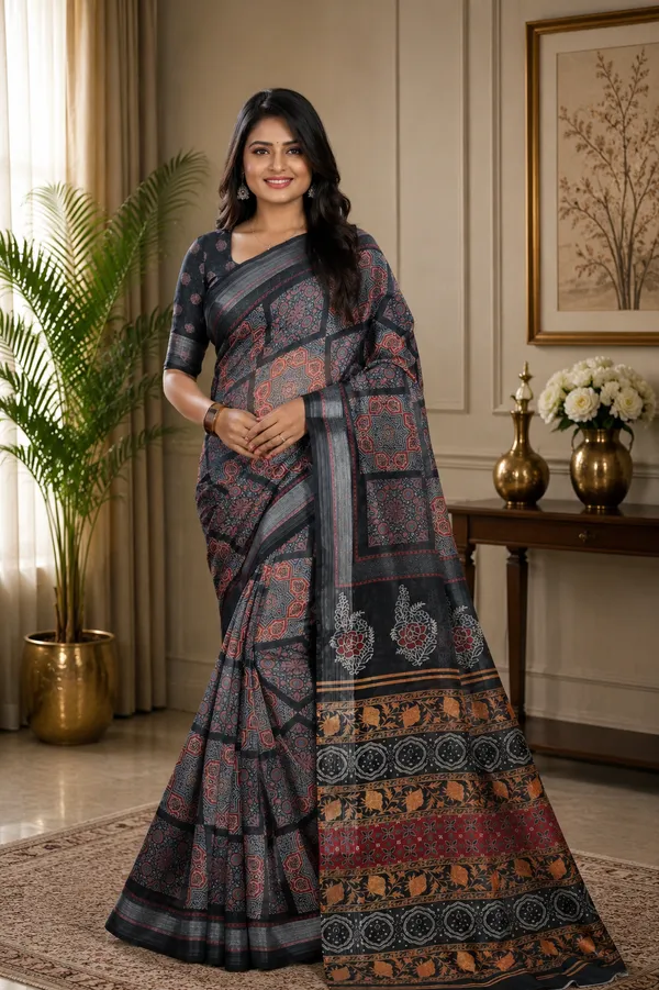 Black_Organza_Silk_Saree_With_Silver_Zari_Border_And_Blouse_Piece