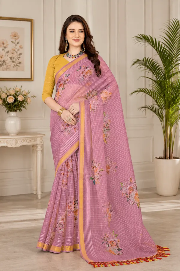 Pink_Organza_Chex_Saree_With_Brocade_Blouse_Piece