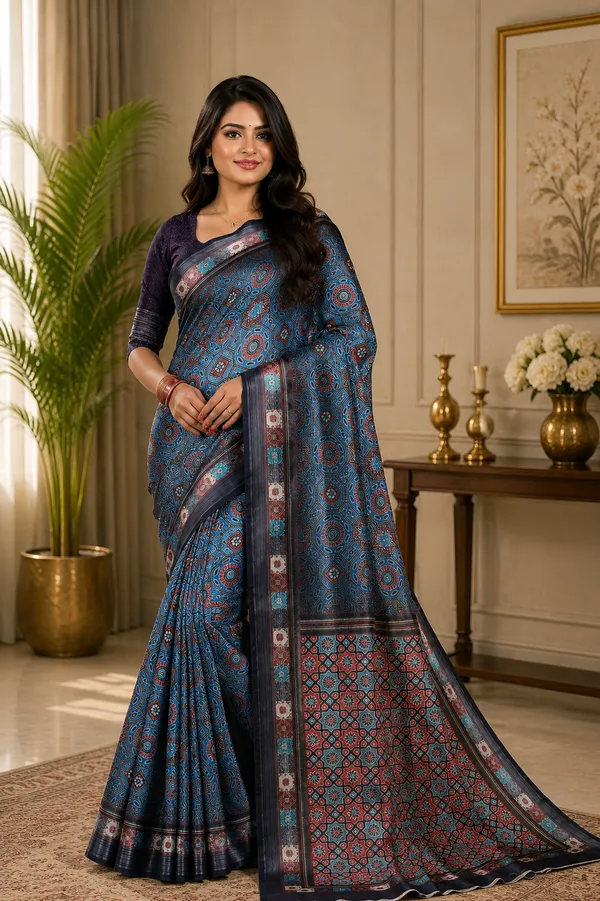 Blue_Organza_Silk_Saree_With_Silver_Zari_Border_And_Blouse_Piece