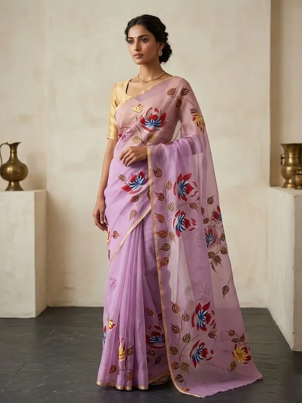 Pink_Organza_Silk_Saree_With_Golden_Zari_Border_And_Brocade_Blouse_Piece