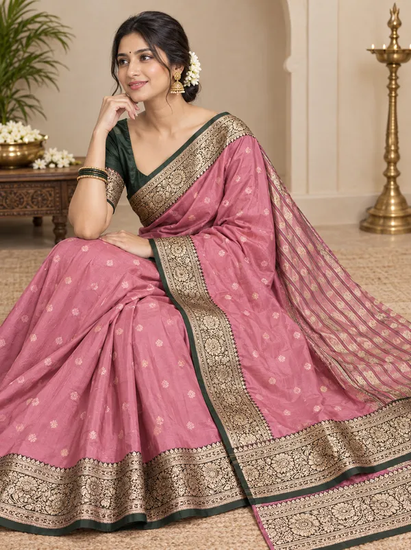 Luxurious_Pink_Mercerized_Soft_Silk_Saree