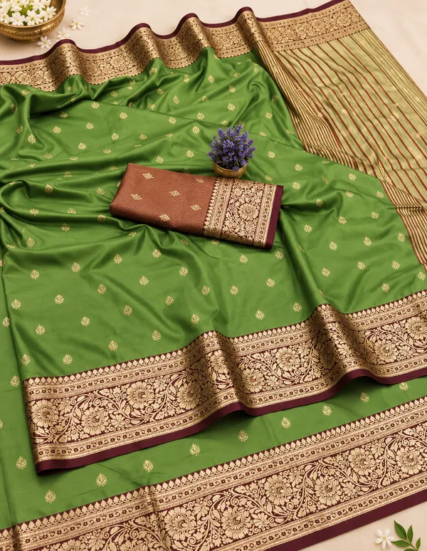 Luxurious_Olive_Green_Mercerized_Soft_Silk_Saree