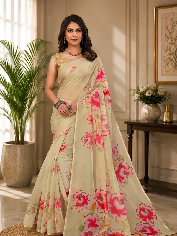 Lemon_Yellow_Organza_Silk_Saree_With_Golden_Zari_Border_And_Brocade_Blouse_Piece