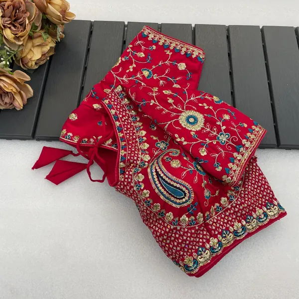 Red_Mullti_Sequence_Floral_Self_Design_Embroidery_Work_Free_Size_Stitched_Blouse