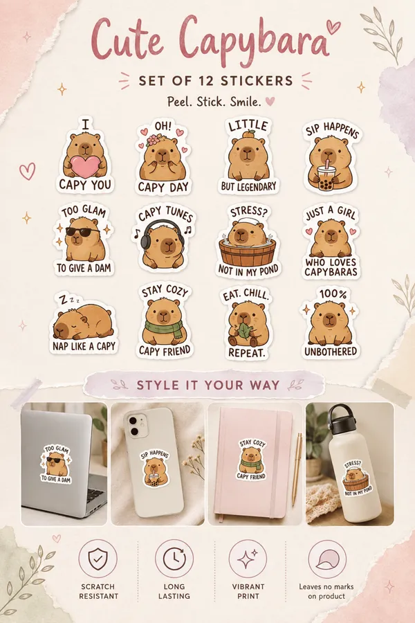 Cute_Capybara_Sticker_Set_Of_12_|_Cute_Animal_Sticker_Pack