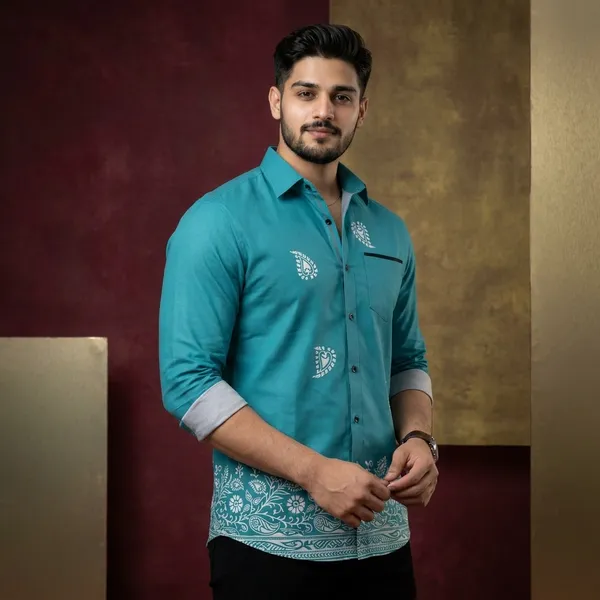 Teal_Blue_Polycotton_Premium_Shirt_Pant_Combo_Fabric_For_Men