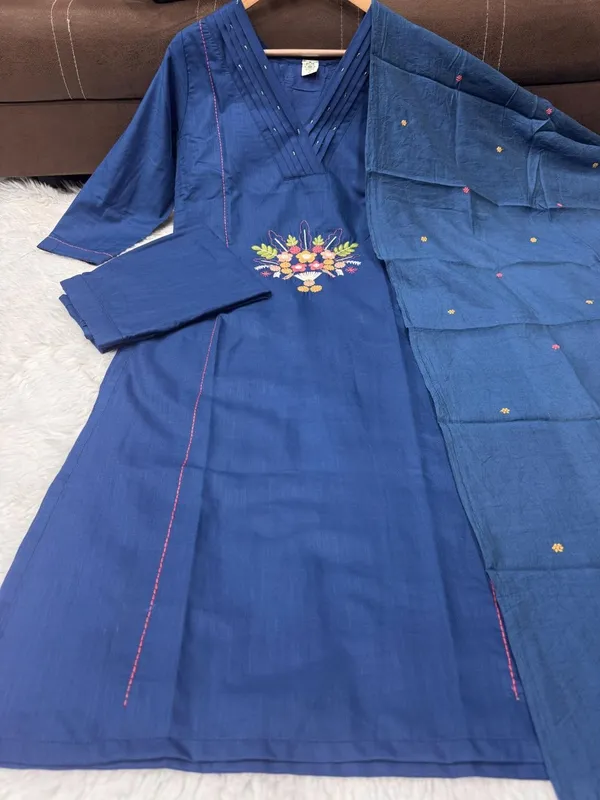 Blue_Cotton-Blend_Kurti_Set_For_Women_With_Dupatta_And_Trousers_–_Casual_&_Festive_Wear