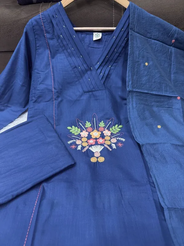 Blue_Cotton-Blend_Kurti_Set_For_Women_With_Dupatta_And_Trousers_–_Casual_&_Festive_Wear