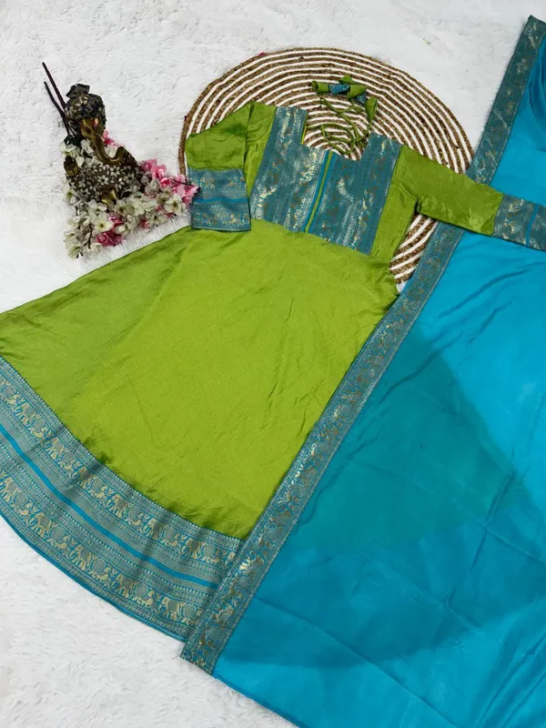 Green_Jacquard_Zari_Vichitra_Silk_Kurti_With_Chanderi_Dupatta_Set