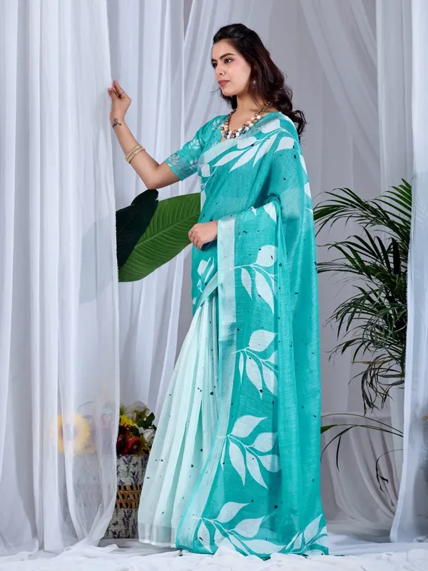 Women_Aqua_Green_Leafy_Digital_Printed_Linen_Cotton_Saree_With_Contrast_Pallu_And_Blouse_Piece
