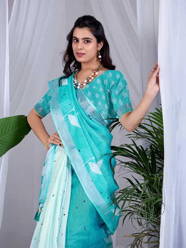 Women_Aqua_Green_Leafy_Digital_Printed_Linen_Cotton_Saree_With_Contrast_Pallu_And_Blouse_Piece