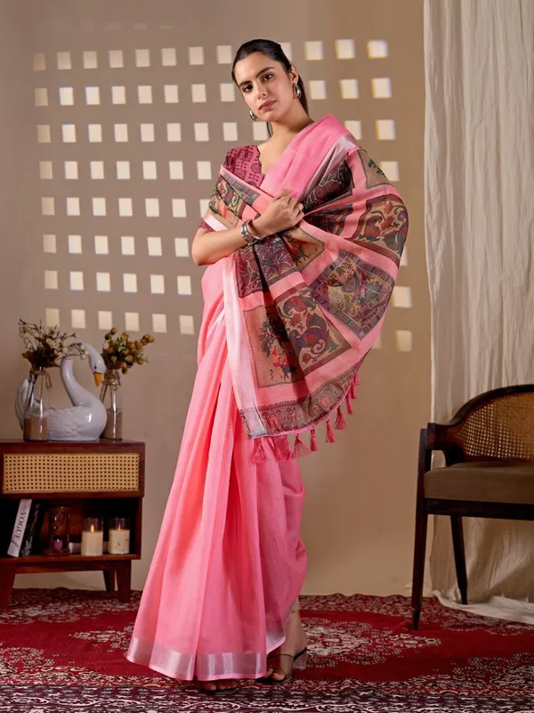 Women_Pink_Traditional_Motif_Printed_Linen_Cotton_Saree_With_Digital_Print_Pallu_And_Blouse_Piece