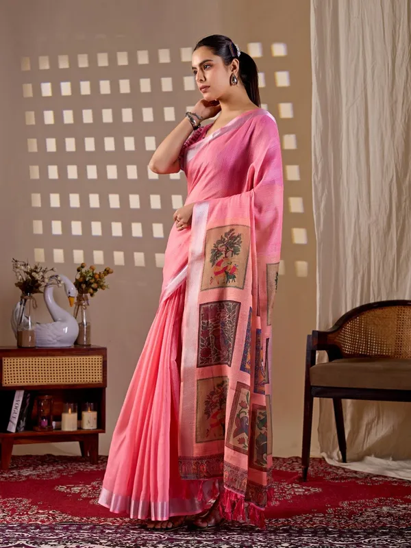Women_Pink_Traditional_Motif_Printed_Linen_Cotton_Saree_With_Digital_Print_Pallu_And_Blouse_Piece