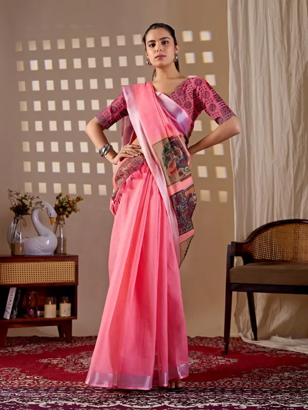 Women_Pink_Traditional_Motif_Printed_Linen_Cotton_Saree_With_Digital_Print_Pallu_And_Blouse_Piece