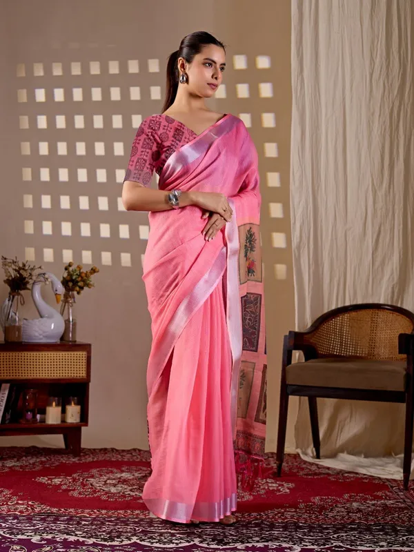 Women_Pink_Traditional_Motif_Printed_Linen_Cotton_Saree_With_Digital_Print_Pallu_And_Blouse_Piece