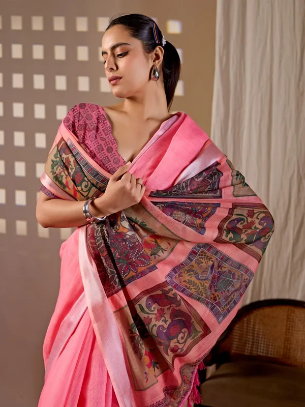 Women_Pink_Traditional_Motif_Printed_Linen_Cotton_Saree_With_Digital_Print_Pallu_And_Blouse_Piece