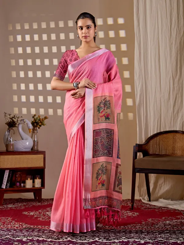 Women_Pink_Traditional_Motif_Printed_Linen_Cotton_Saree_With_Digital_Print_Pallu_And_Blouse_Piece