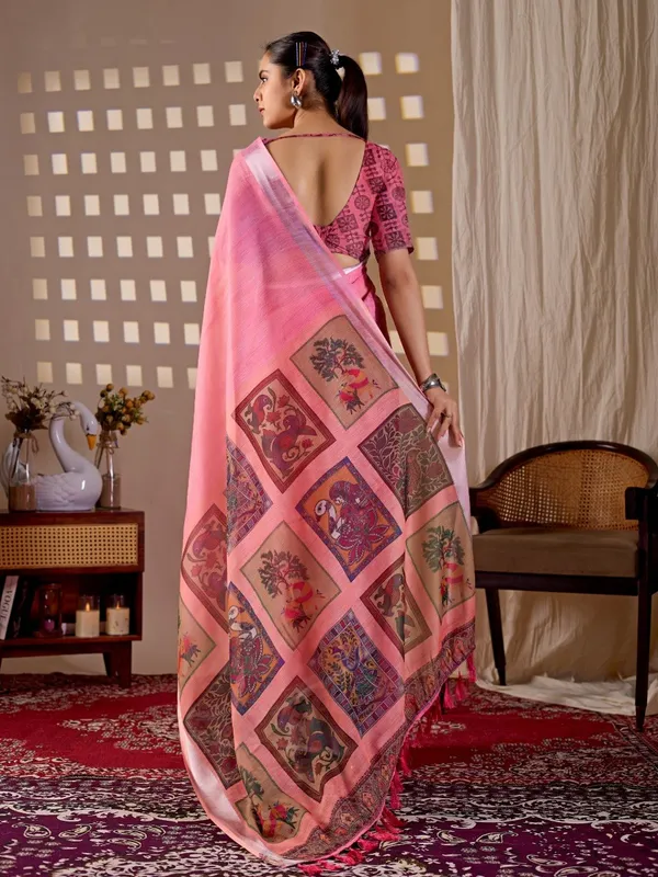 Women_Pink_Traditional_Motif_Printed_Linen_Cotton_Saree_With_Digital_Print_Pallu_And_Blouse_Piece