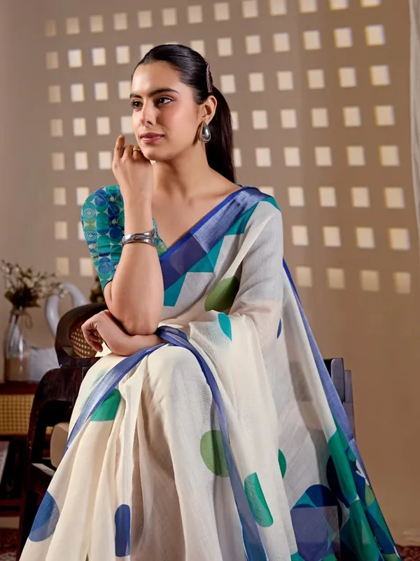 Women_Cream_&_Green_Abstract_Digital_Printed_Linen_Cotton_Saree_With_Contrast_Border