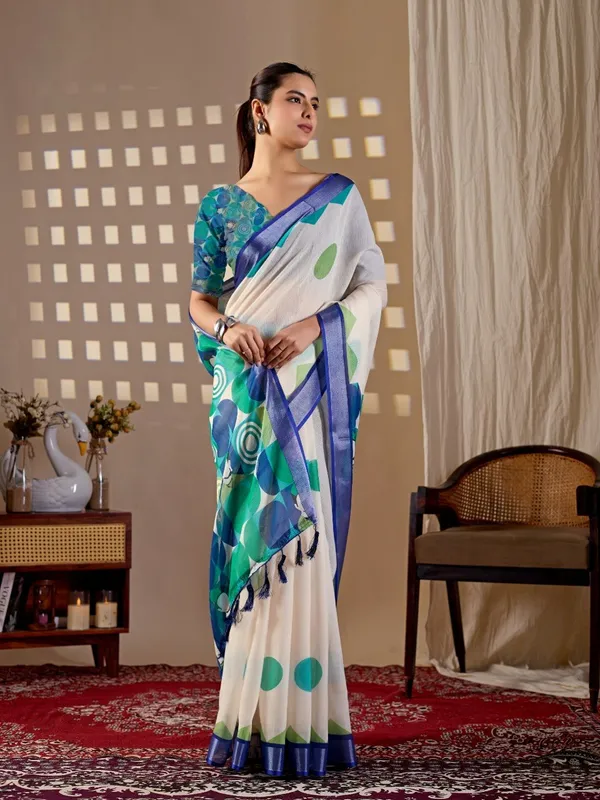 Women_Cream_&_Green_Abstract_Digital_Printed_Linen_Cotton_Saree_With_Contrast_Border