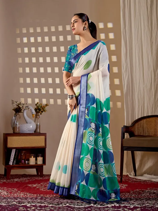 Women_Cream_&_Green_Abstract_Digital_Printed_Linen_Cotton_Saree_With_Contrast_Border