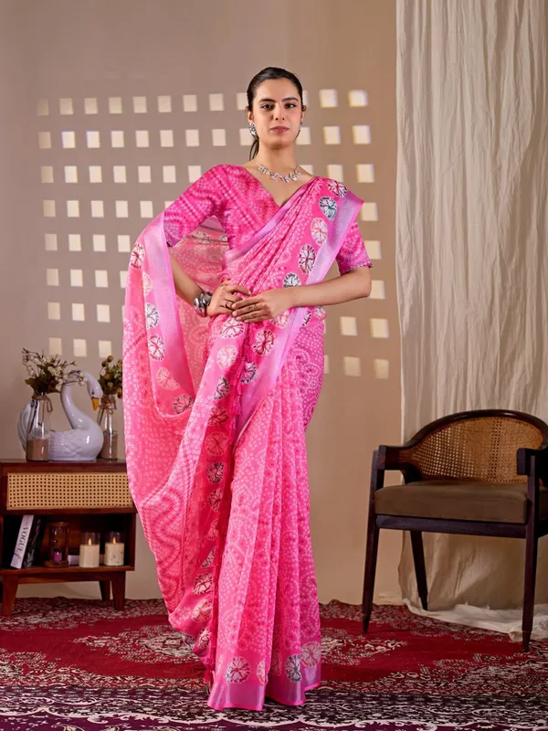 Women_Pink_Bandhani_Inspired_Digital_Printed_Linen_Cotton_Saree_With_Contrast_Border_And_Blouse_Piece