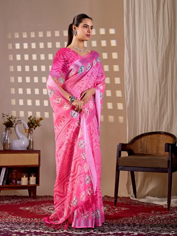 Women_Pink_Bandhani_Inspired_Digital_Printed_Linen_Cotton_Saree_With_Contrast_Border_And_Blouse_Piece