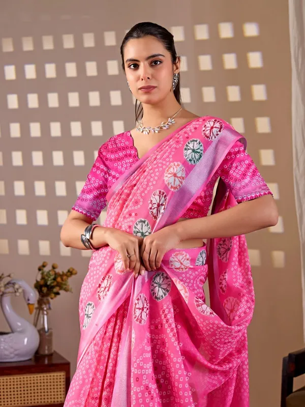 Women_Pink_Bandhani_Inspired_Digital_Printed_Linen_Cotton_Saree_With_Contrast_Border_And_Blouse_Piece