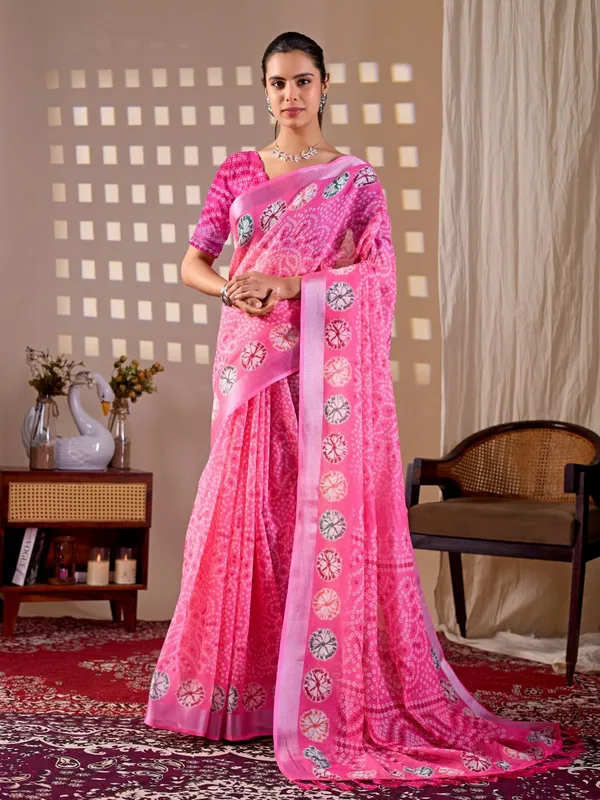 Women_Pink_Bandhani_Inspired_Digital_Printed_Linen_Cotton_Saree_With_Contrast_Border_And_Blouse_Piece