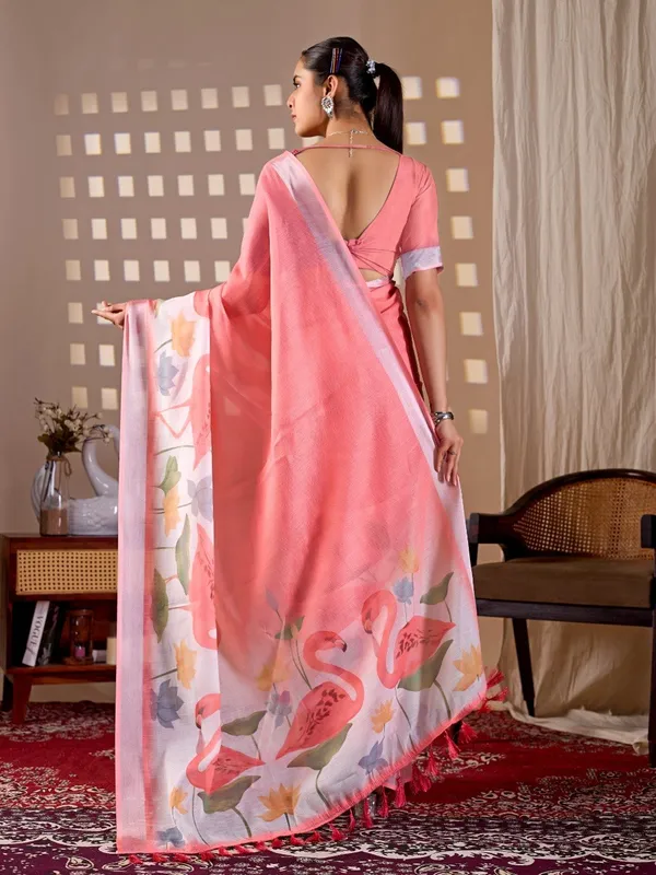 Women_Peach_Pink_Flamingo_&_Floral_Printed_Linen_Cotton_Saree_With_Contrast_Border_And_Blouse_Piece