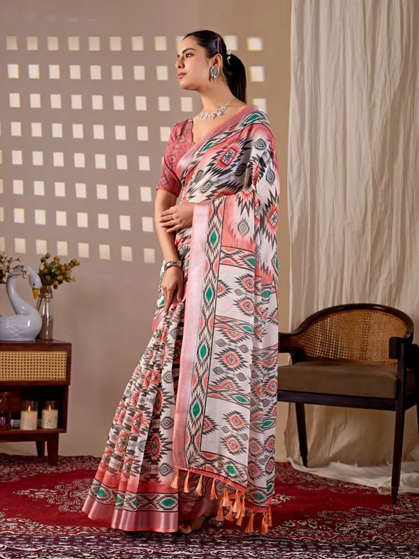 Women_Multicolor_Tribal_Inspired_Geometric_Printed_Linen_Cotton_Saree_With_Contrast_Border_And_Blouse_Piece
