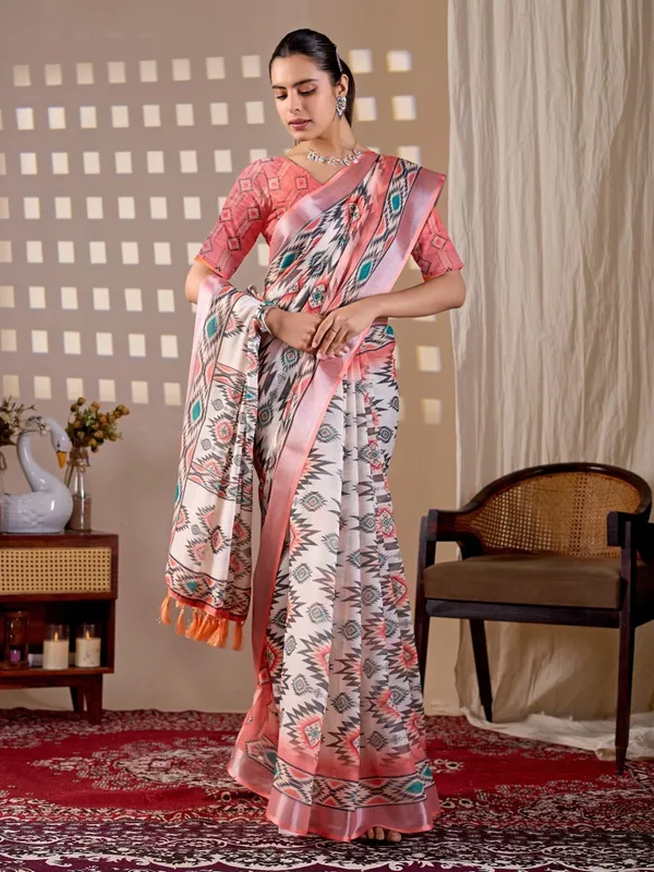 Women_Multicolor_Tribal_Inspired_Geometric_Printed_Linen_Cotton_Saree_With_Contrast_Border_And_Blouse_Piece