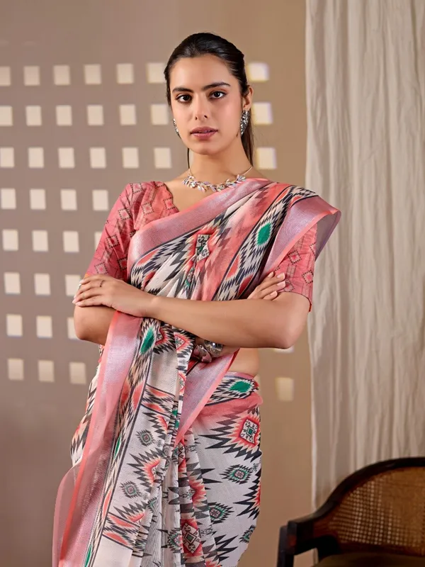 Women_Multicolor_Tribal_Inspired_Geometric_Printed_Linen_Cotton_Saree_With_Contrast_Border_And_Blouse_Piece