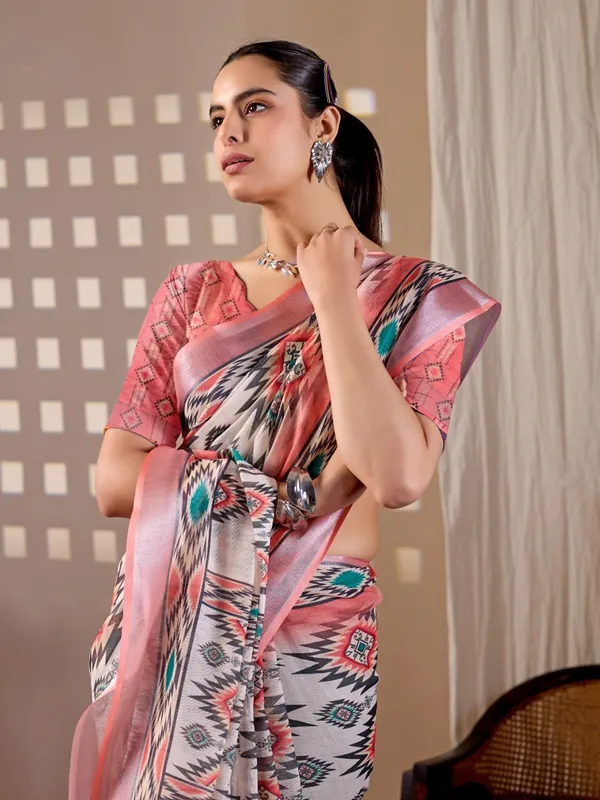 Women_Multicolor_Tribal_Inspired_Geometric_Printed_Linen_Cotton_Saree_With_Contrast_Border_And_Blouse_Piece