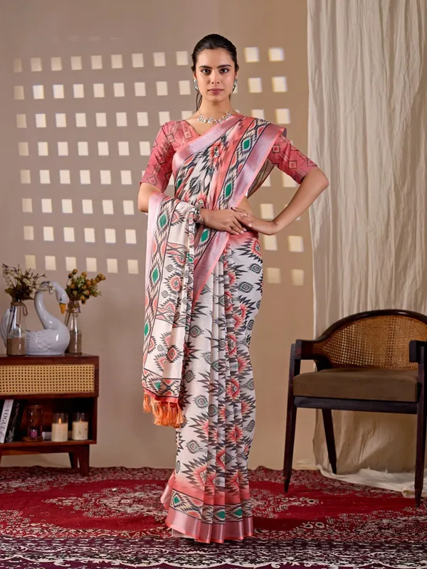 Women_Multicolor_Tribal_Inspired_Geometric_Printed_Linen_Cotton_Saree_With_Contrast_Border_And_Blouse_Piece