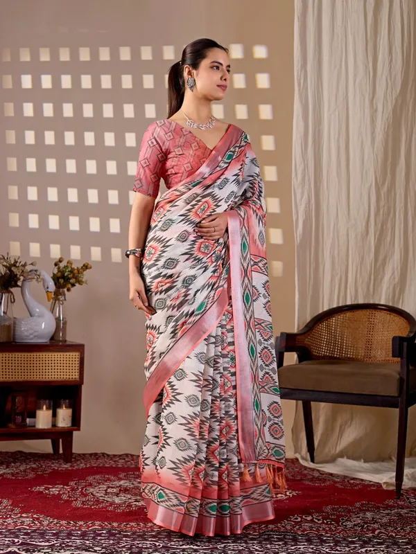 Women_Multicolor_Tribal_Inspired_Geometric_Printed_Linen_Cotton_Saree_With_Contrast_Border_And_Blouse_Piece