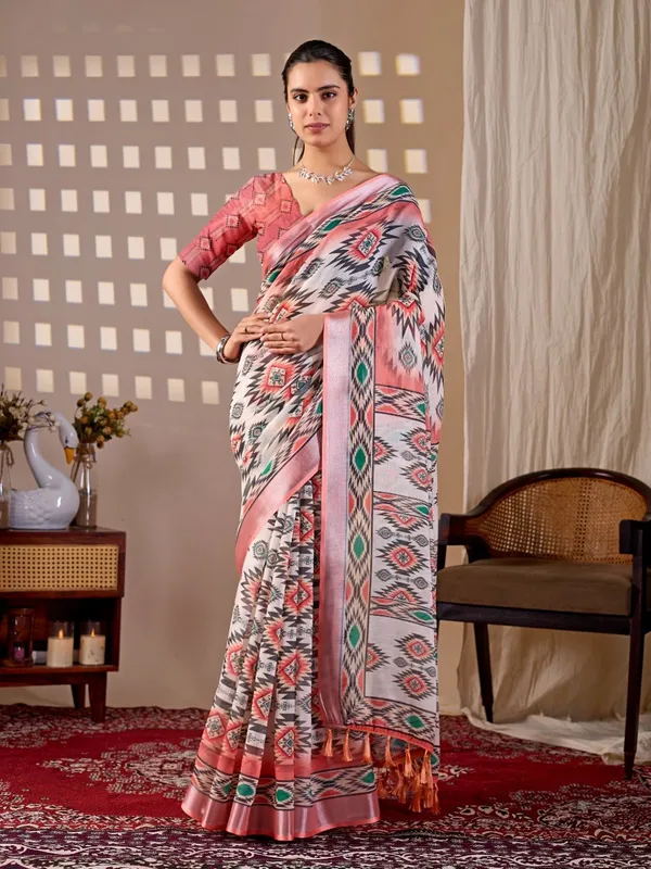 Women_Multicolor_Tribal_Inspired_Geometric_Printed_Linen_Cotton_Saree_With_Contrast_Border_And_Blouse_Piece