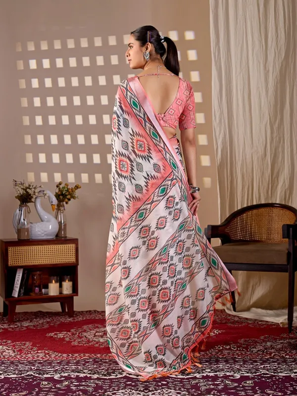 Women_Multicolor_Tribal_Inspired_Geometric_Printed_Linen_Cotton_Saree_With_Contrast_Border_And_Blouse_Piece