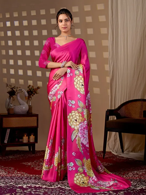 Women_Rani_Pink_Floral_Digital_Printed_Satin_Georgette_Saree_With_Blouse_Piece
