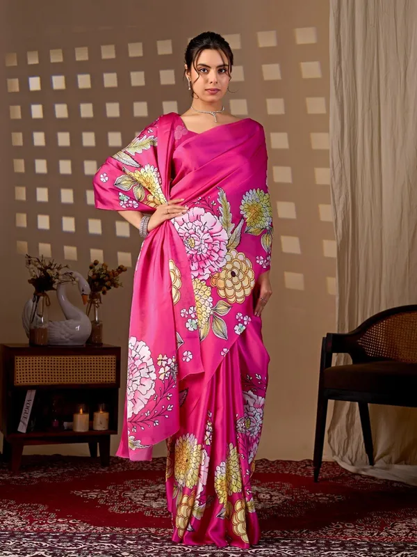 Women_Rani_Pink_Floral_Digital_Printed_Satin_Georgette_Saree_With_Blouse_Piece