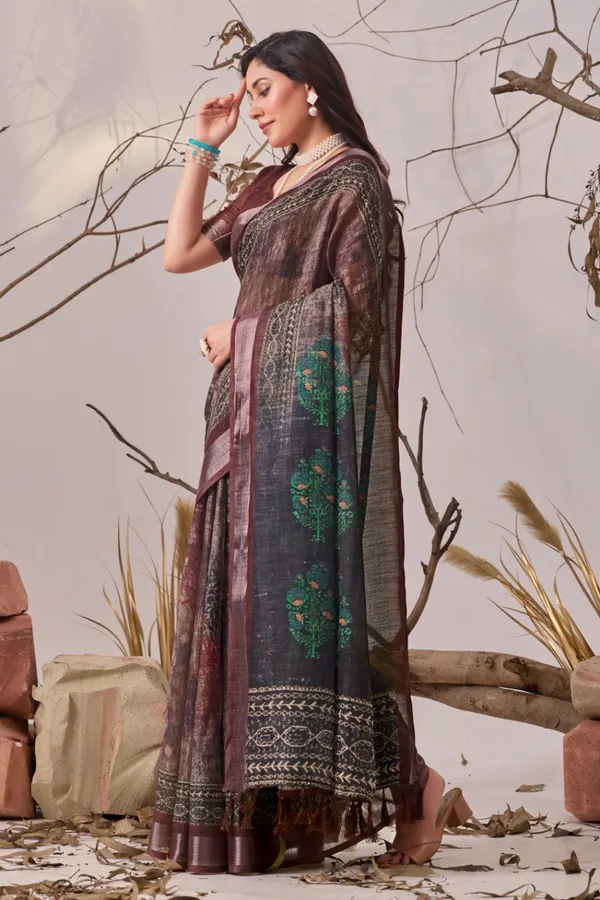 Brown_And_Green_Linen_Cotton_Digital_Printed_Patola_Saree_For_Women