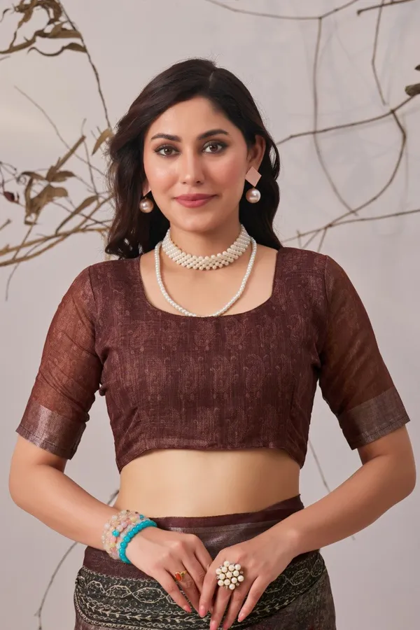 Brown_And_Green_Linen_Cotton_Digital_Printed_Patola_Saree_For_Women
