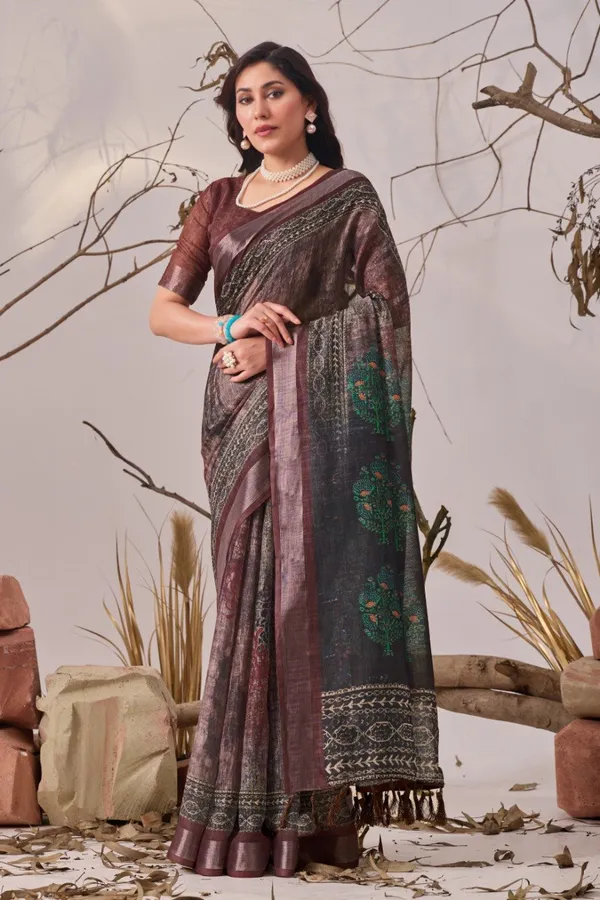 Brown_And_Green_Linen_Cotton_Digital_Printed_Patola_Saree_For_Women