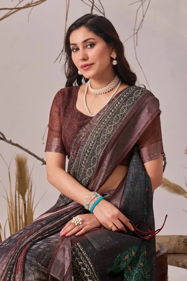 Brown_And_Green_Linen_Cotton_Digital_Printed_Patola_Saree_For_Women