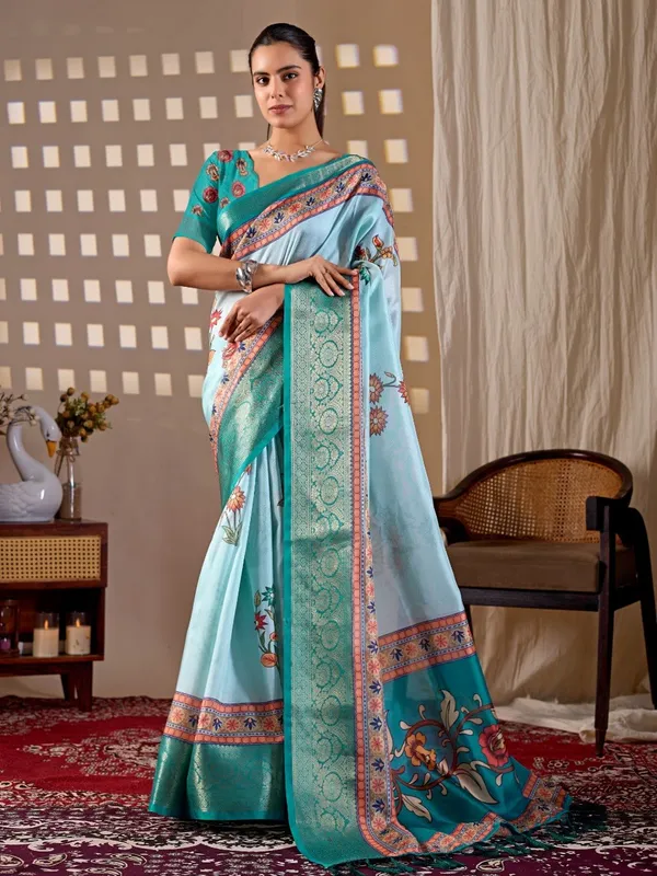 Sky_Blue_Lichi_Silk_Floral_Printed_Woven_Border_Saree_For_Women
