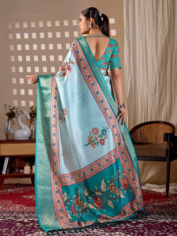 Sky_Blue_Lichi_Silk_Floral_Printed_Woven_Border_Saree_For_Women