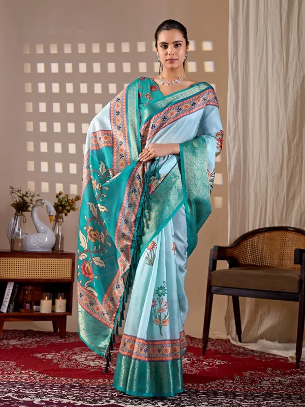 Sky_Blue_Lichi_Silk_Floral_Printed_Woven_Border_Saree_For_Women