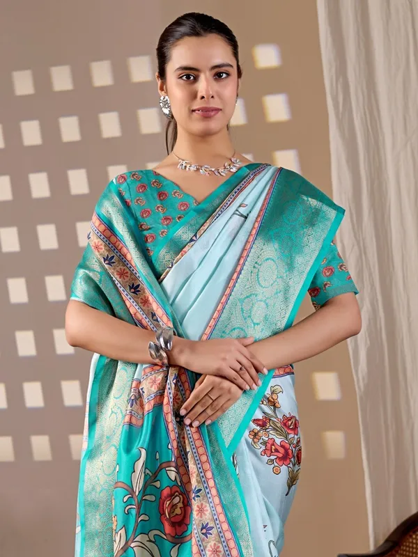 Sky_Blue_Lichi_Silk_Floral_Printed_Woven_Border_Saree_For_Women