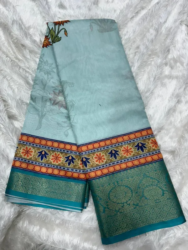 Sky_Blue_Lichi_Silk_Floral_Printed_Woven_Border_Saree_For_Women
